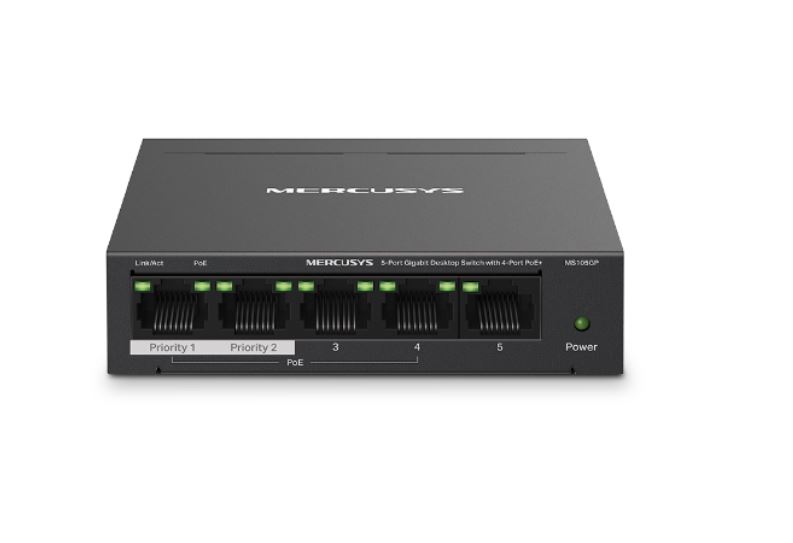 [6957939001186] 6957939001186 Mercusys MS105GP 5-Port Gigabit Desktop Switch with 4-Port PoE+, 10/100/1000 Mbps RJ45 ports, Up to 250 m