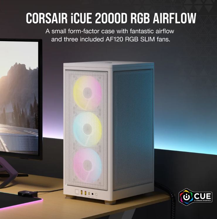 [840006698753] Corsair iCUE 2000D RGB AIRFLOW, Mesh Panels, USB-C, ICUE, 3x AF120 RGB Slim Fans, Mini ITX Tower - White. Case