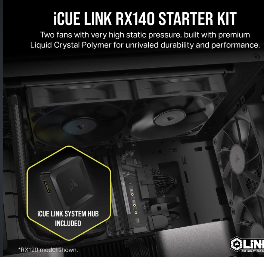 [840006680864] 840006680864 Corsair RX140 Black ICUE Link 140mm PWM Dual Fan Kit. 2x Fans, Connectors. 1 x ICUE Link Hub, 60mm Cable 90 Degress, Link Cab.