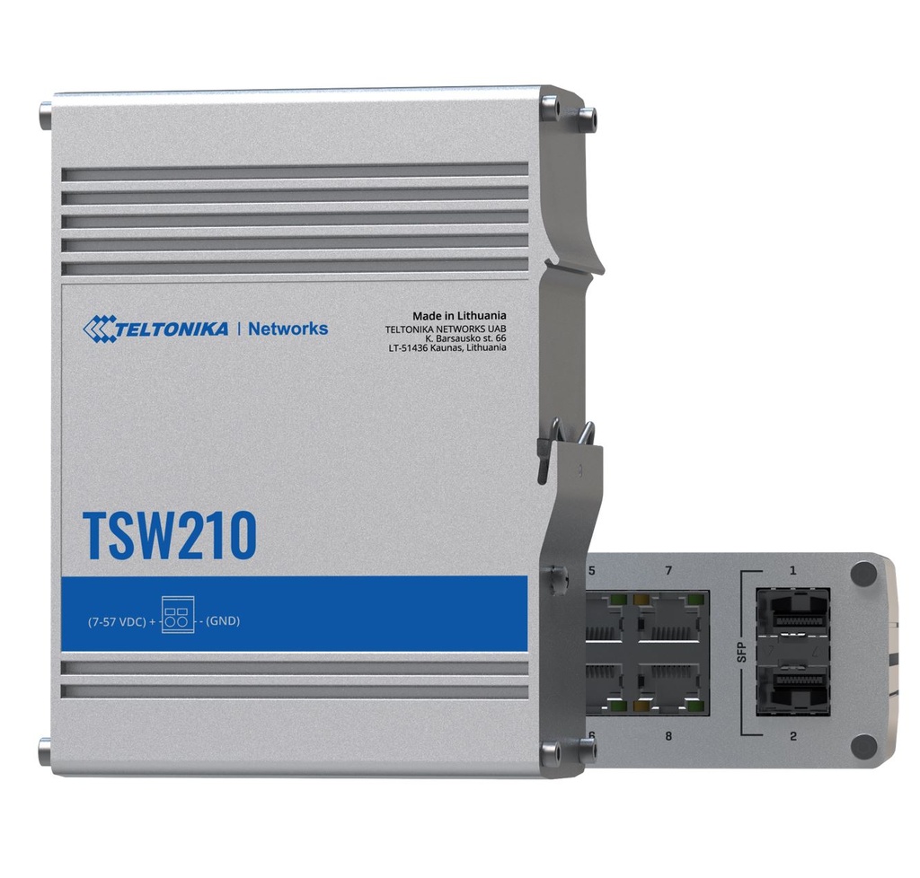 [4779051840243] 4779051840243 Teltonika TSW210 Industrial Ethernet Switch, 2x SFP Ports, 8x Gigabit Ethernet Ports with speeds of up to 1000 Mbps, DIN Rail, PSU excluded