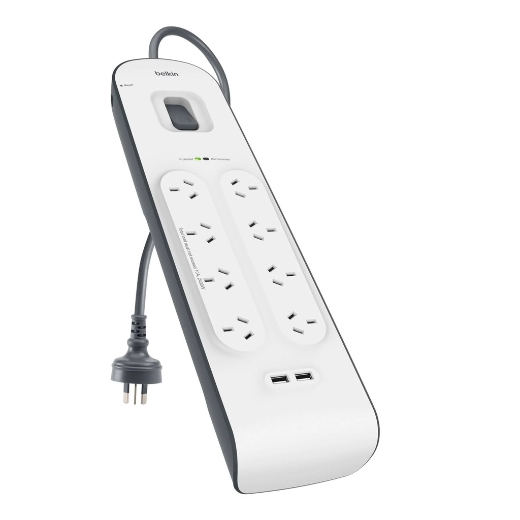 [745883651054] 745883651054 Belkin BSV804 8-Outlet 2-Meter Surge Protection Strip with two 2.4 amp USB charging ports, Complete Three-line AC protection, CEW $50,000, Power Board