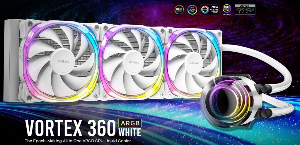 [761345740494] 761345740494 Antec VORTEX 360mm ARGB Whte Liquid CPU Cooler ARGB Controller, EPDM High-Density Tubing, LGA 115x, 1200, 1700, 20xx, AM3, AM4 AM5,TR4 3 Yrs Warranty