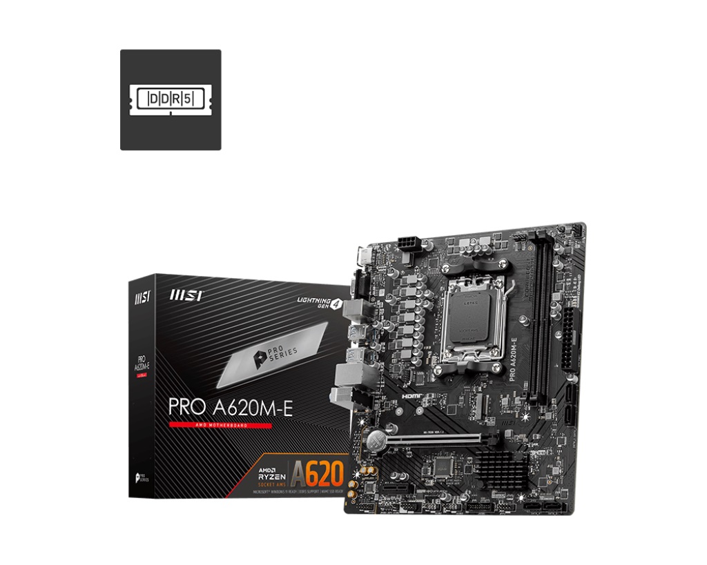 [4711377093804] MSI PRO A620M-E AM5 mATX MB 2xDDR5 1xPCIE 16 1 PCI-E 1 1xM.2 4xSATA 4xUSB 3.2 2xUSB 2.0