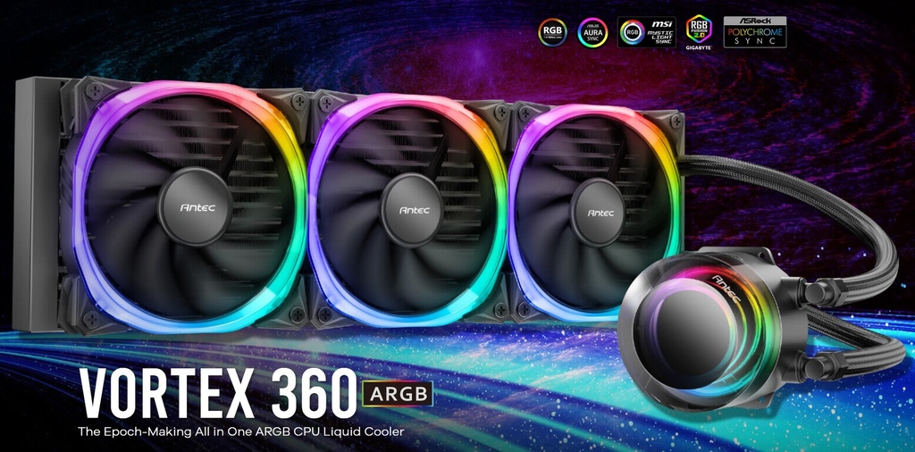 [761345740470] 761345740470 Antec VORTEX 360mm ARGB AIO Liquid CPU Cooler  ARGB Controller, EPDM High-Density Tubing, LGA 115x, 1200, 1700, 20xx, AM3, AM4 AM5, TR4 3 Yrs Warranty