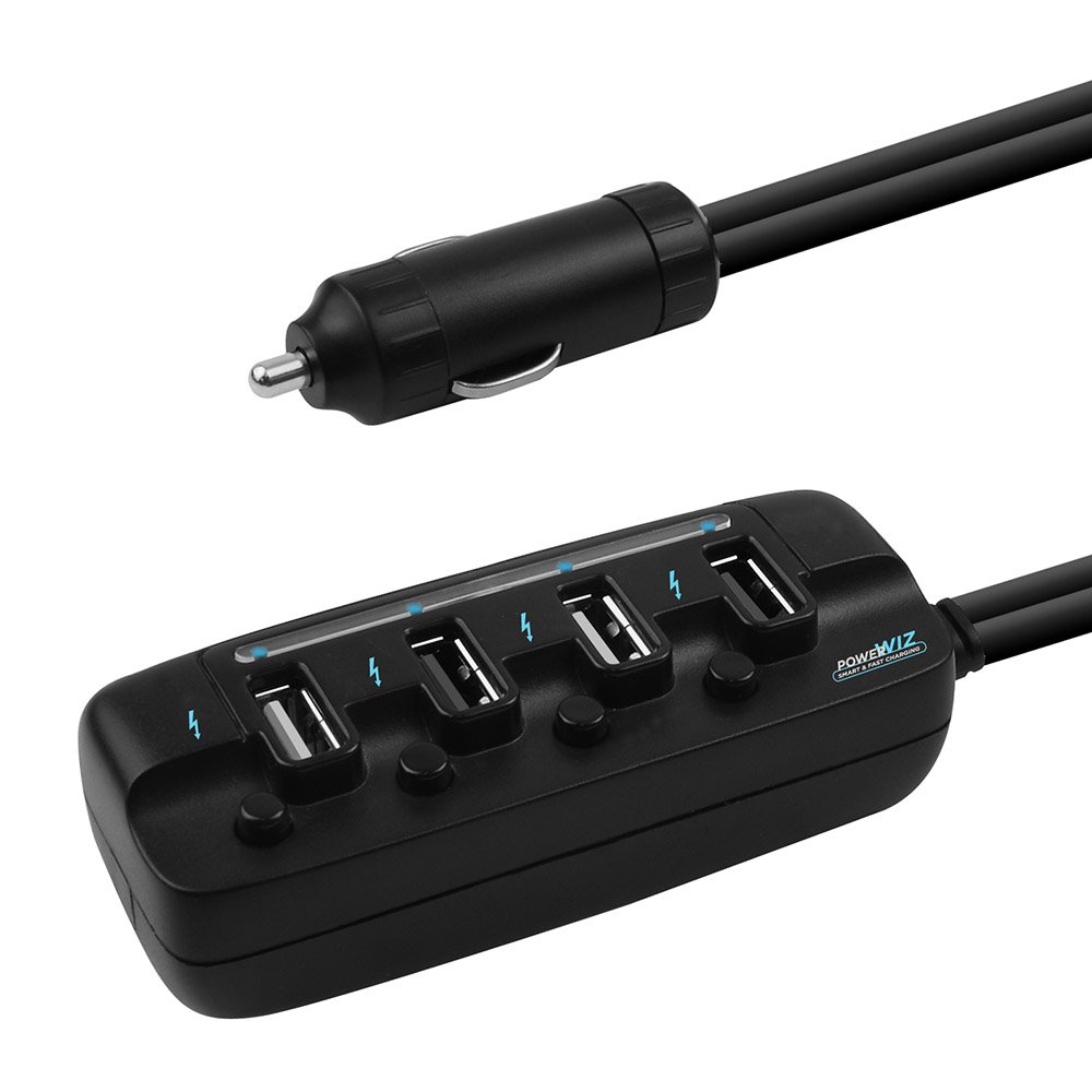 [9346396001384] 9346396001384 mbeat® 4 Ports USB Rapid Car Charger - 40W Rapid Smart Charger/Individual ON/OFF switches/90cm Extension Cable Design