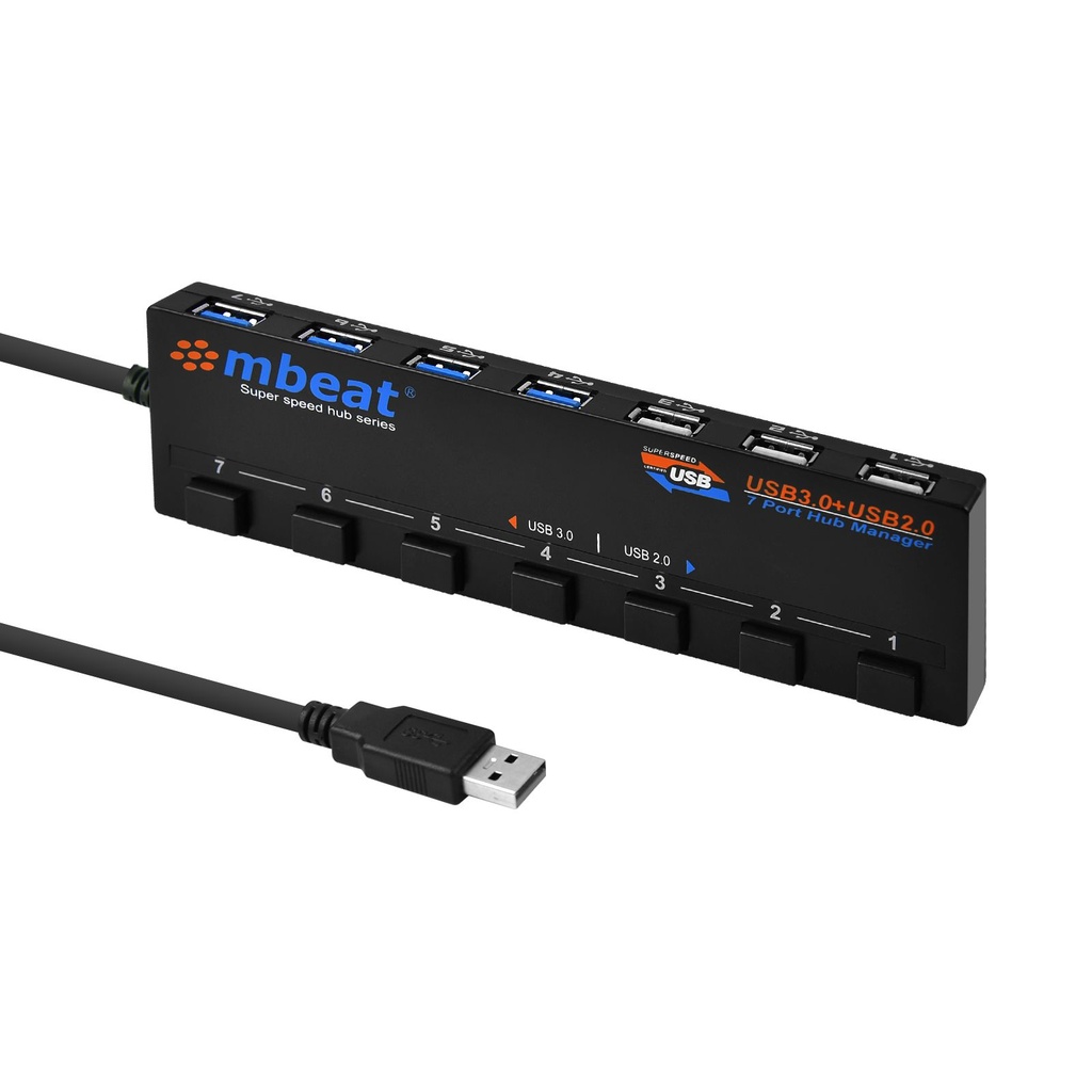 [9346396000172] 9346396000172 mbeat® 7-Port USB 3.0  USB 2.0 Powered Hub Manager with Switches - 4x USB 3.0 with 5Gbps/3x USB 2.0 with 2.4Ghz(480Mbps)/Super Fast Hub Weight: 129g