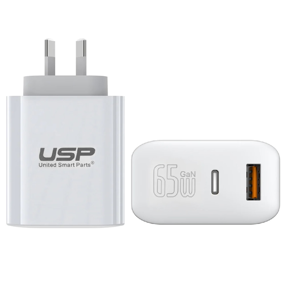 [6972890207996] USP Dual Port PD 65W GaN Fast Wall Charger USB-C + USB-A for Phone Laptop, Intelligent,Travel Ready,PPS Technology