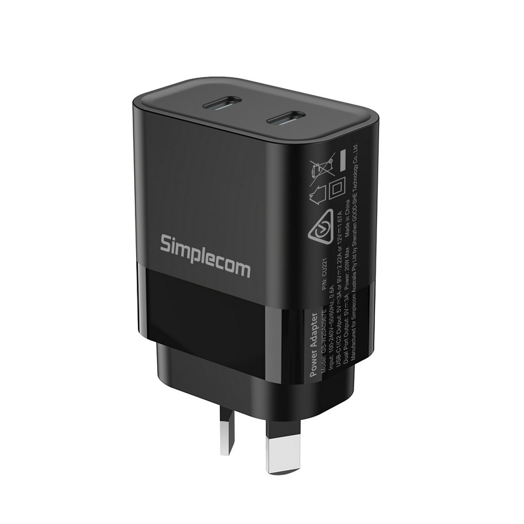 [9350414003120] Simplecom CU221 Dual USB-C Fast Wall Charger PD 20W for Phone Tablet
