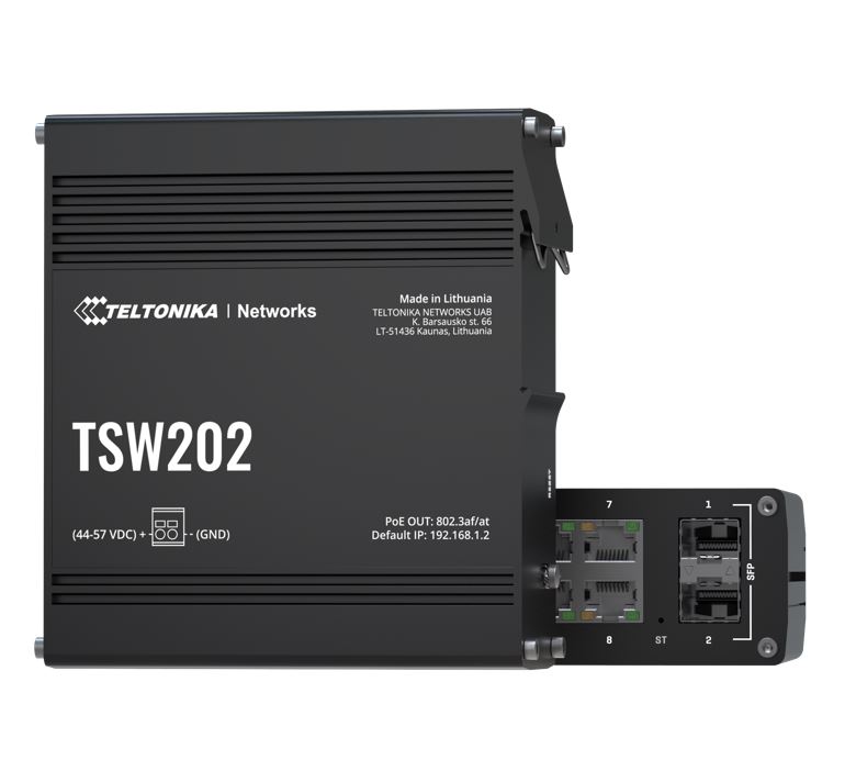 [4779051840281] 4779051840281 Teltonika TSW202 Managed PoE+ Ethernet Switch, Supports Profinet, 2 SFP Ports, 8 Gigabit Ethernet Ports Providing 30W of Power Each, PSU excluded
