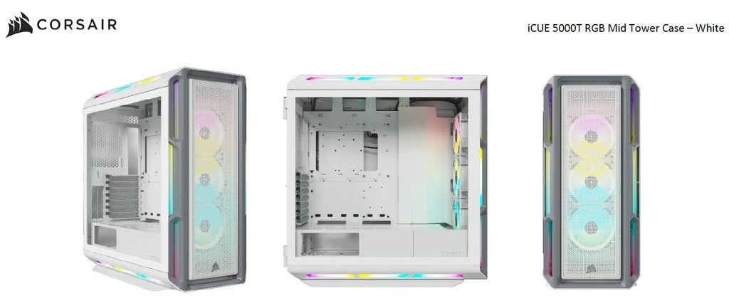 [840006645184] 840006645184 Corsair iCUE 5000T RGB ATX Mid-Tower Case, USB Type-C, 160 RGB LED, Rapid Route, Maximum Cooling, Tool Free Hinged Side Panels, White (LS)