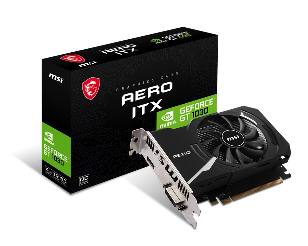 [4711377107556] 4711377107556 MSI nVidia GeForce GT 1030 AERO ITX 4GD4 OC Video Card, PCI-e 3.0, 1430 MHz Boost Clock, 1x HDMI 2.0 1x DVI