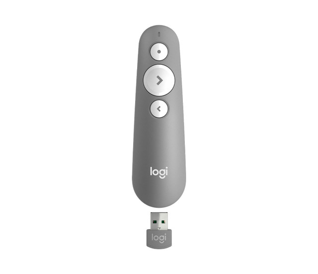 [97855171375] Logitech R500S Laser Presentation Remote with Dual Connectivity Bluetooth or USB 20m Range Red Laser Pointer for PowerPoint Keynote Mid Grey