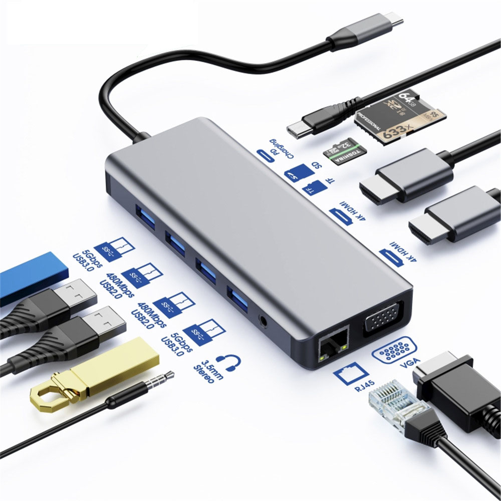 [9320652021224] 9320652021224 Astrotek USB-C Dock 12-in-1 Multiport Hub/Docking Station with 100W Power 2xHDMI 4K VGA GLAN 2xUSB3.0 2xUSB2.0 Card Reader for HP Lenovo Asus MacBook