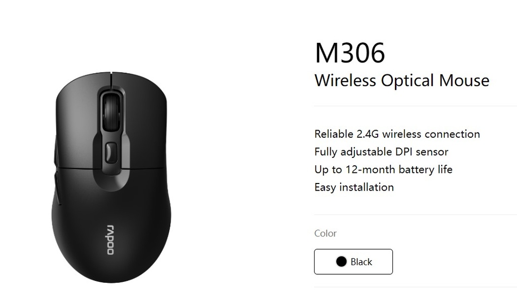 [6940056125477] RAPOO M306 2.4 Wireless Optical Mice with Side FWD and Back Buttons. 12 Months Long Battery Life, Easy Installation. Adjustable DPI 3200. Office Mice.