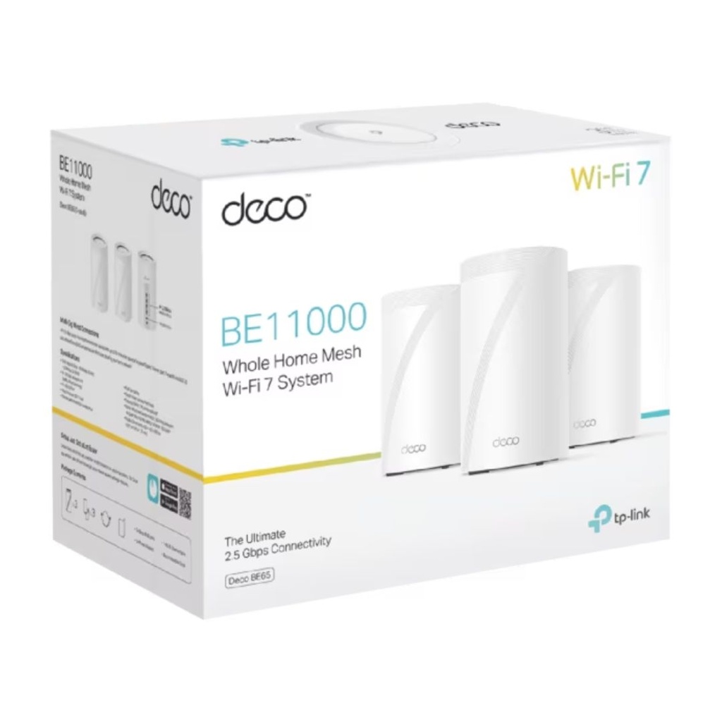 [4897098686966] TP-Link Deco BE65(3-pack) BE11000 Whole Home Mesh Wi-Fi 7 System (WIFI7) , 574 Mbps at 2.4 GHz + 4320 Mbps at 5 GHz + 5760 Mbps at 6 GHz