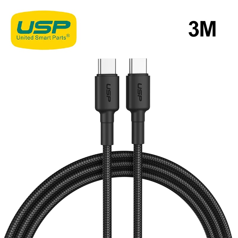 [6972890207071] 6972890207071 USP BoostUp Braided USB-C to USB-C Cable (3M) Black -3A Fast  Safe Charge,Strong  Durable,Samsung Galaxy,Apple iPhone,iPad,MacBook,Google,OPPO,Nokia