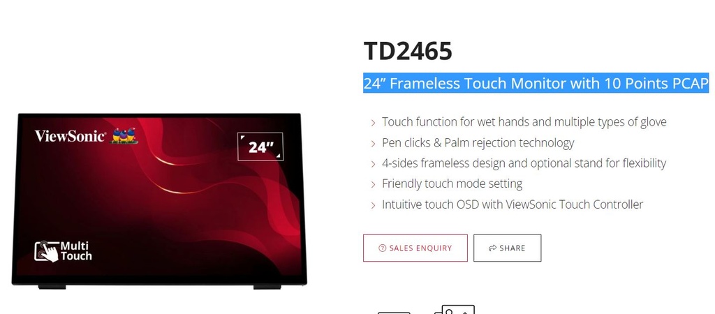 [766907017885] ViewSonic 24” TD2465 10 Points PCAP POS, Retail, Mining. Wet  Multi-Glove high-sensitive Projective Capacitive. Commercial and Industrial monitor