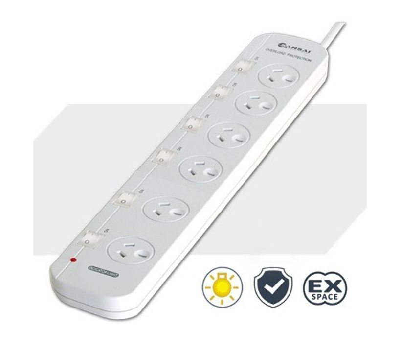 [9324747003843] 9324747003843 Sansai 6 Way Powerboard 6 Outlet 10A 240V Individually Switched 3 extra spaced sockets 1M Length
