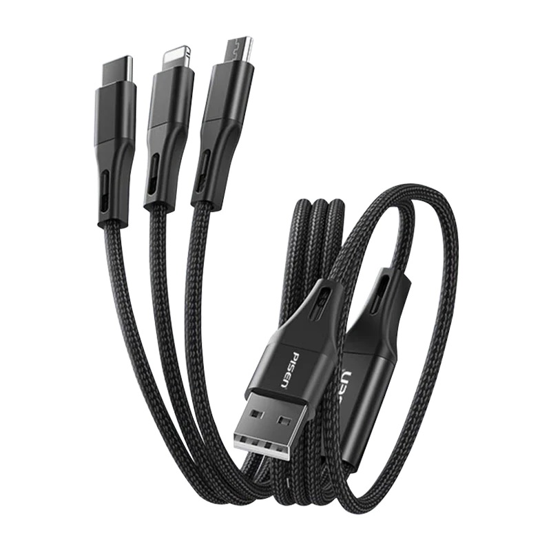 [6902957227292] Pisen Braided 3-in-1 USB-A to Lightning + USB-C + Micro-USB Cable (1.5M) - Black, 3A/15W, Aluminum Alloy, Wear-Resistant, Faster Charging Speeds