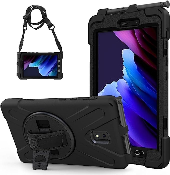 [6976552043007] 6976552043007 Generic Rugged Samsung Galaxy Tab Active5 / Tab Active3 (8") Case Black - Built-in-Kickstand, Adjustable Hand Strap, Shoulder Strap, Pen Holder, DropP