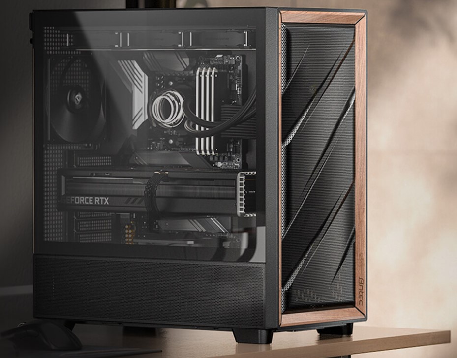 [761345101332] 761345101332 Antec Flux ATX, Black Premium Walnut Trim, 5x Black PWM Performance Fans. Ultra Cooling Design, ARGB Controller, Mid Tower Case