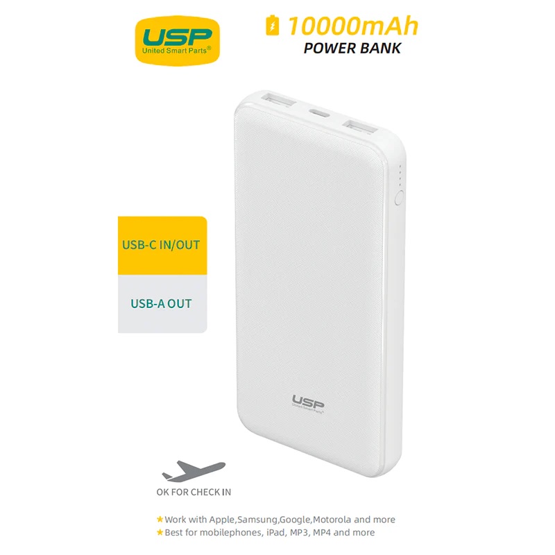 [6972890208078] 6972890208078 USP 10K mAh Power Bank (37W) with Triple Ports (USB-C + Dual USB-A) White - LED Power Indicator,Fast  Safe,Intelligent Charging,Meet Airport Aviation