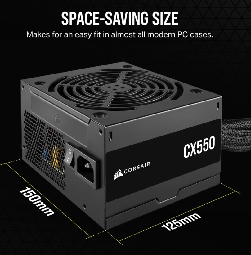 [840006670742] Corsair CX550 550W, 80 PLUS Bronze Certified, Up to 88% Efficiency,  Compact 125mm design easy fit and airflow, ATX PSU 2023