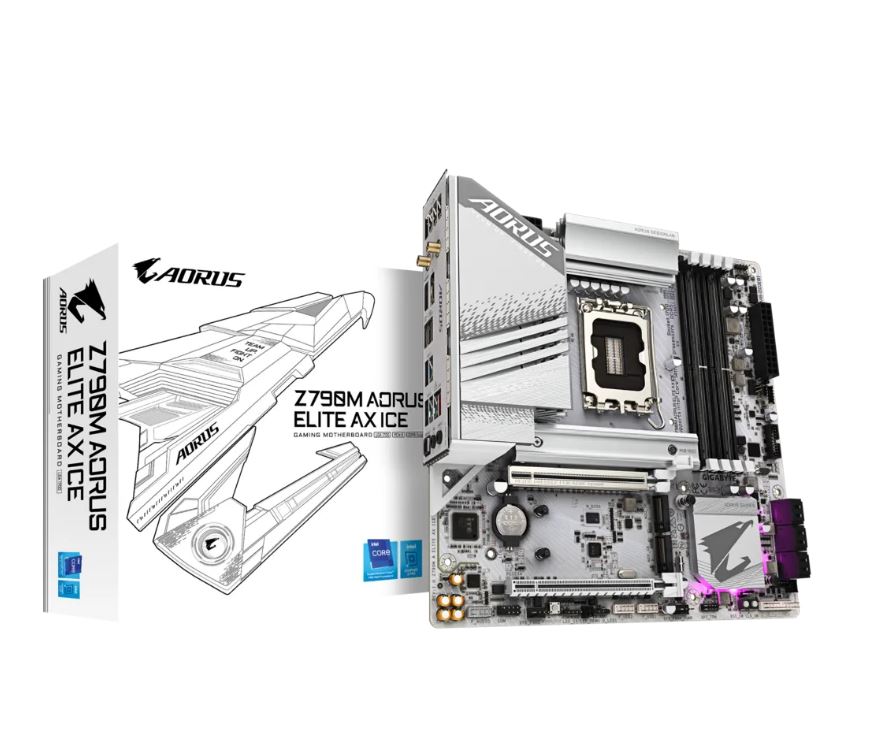[4719331860585] 4719331860585 Gigabyte Z790M AORUS ELITE AX ICE Intel LGA 1700 ATX Motherboard, 4x DDR5 ~128GB, 1x PCI-E x16, 3x M.2, 6x SATA,  6x USB 3.2, 1x USB-C,4x USB 2.0