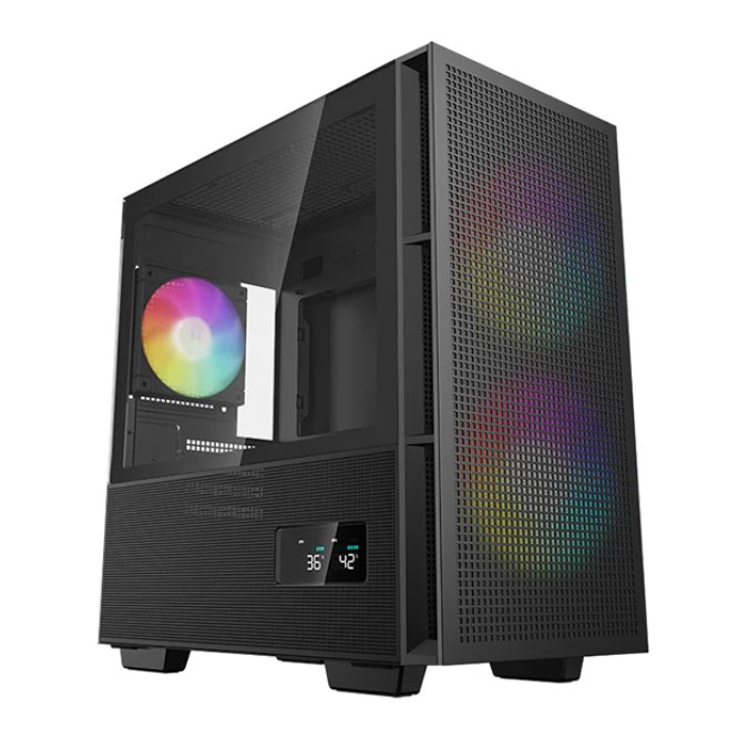 [6933412774693] 6933412774693 DeepCool CH360 Digital Black Micro ATX Case, Digital Status Display, Tempered Glass Window,1x USB 3.0, 1x USB-C, HD Audio, 2x 140mm ARGB and 1x 120mm