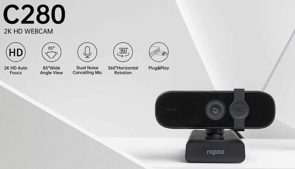 [6940056199904] 6940056199904 RAPOO C280 BK 2K HD Webcam - 85 Degree Wide-Angle Lens, 360 degrees Omini Microphone. Plug and Play.