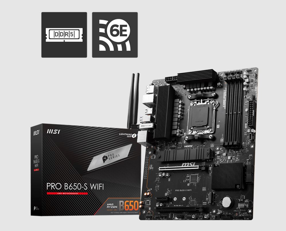 [4711377132862] MSI PRO B650-S WIFI AMD AM5 ATX Motherboard, 4x DDR5 ~192GB, 2x PCI-E x16, 2x M.2, 4x SATA,  11x USB 3.2, 4x USB 2.0