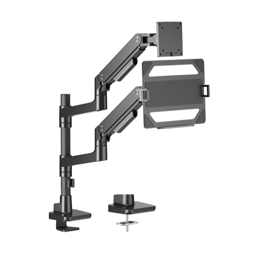 [6956745179621] Brateck LDT81-C024P-ML-B NOTEWORTHY POLE-MOUNTED HEAVY-DUTY GAS SPRING DUAL MONITOR ARM WITH LAPTOP HOLDER Fit Most 17"-49" Monitor Black(LS)