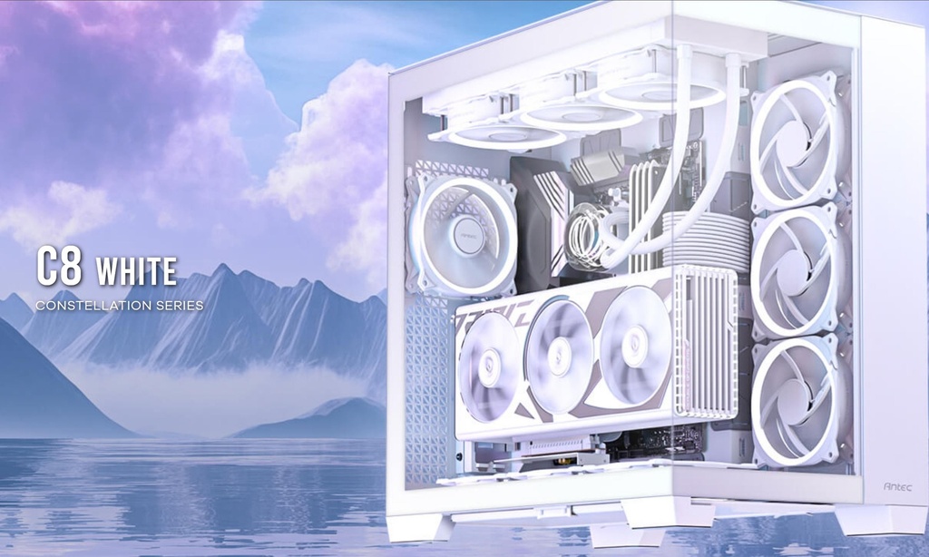 [761345100212] 761345100212 Antec C8 E-ATX, mATX, ITX, Seamless Edge View Front and Side, USB-C, 4mm Tempered Glass, 360mm liquid cooler top, bottom, side. 2x USB 3.0 White Case.