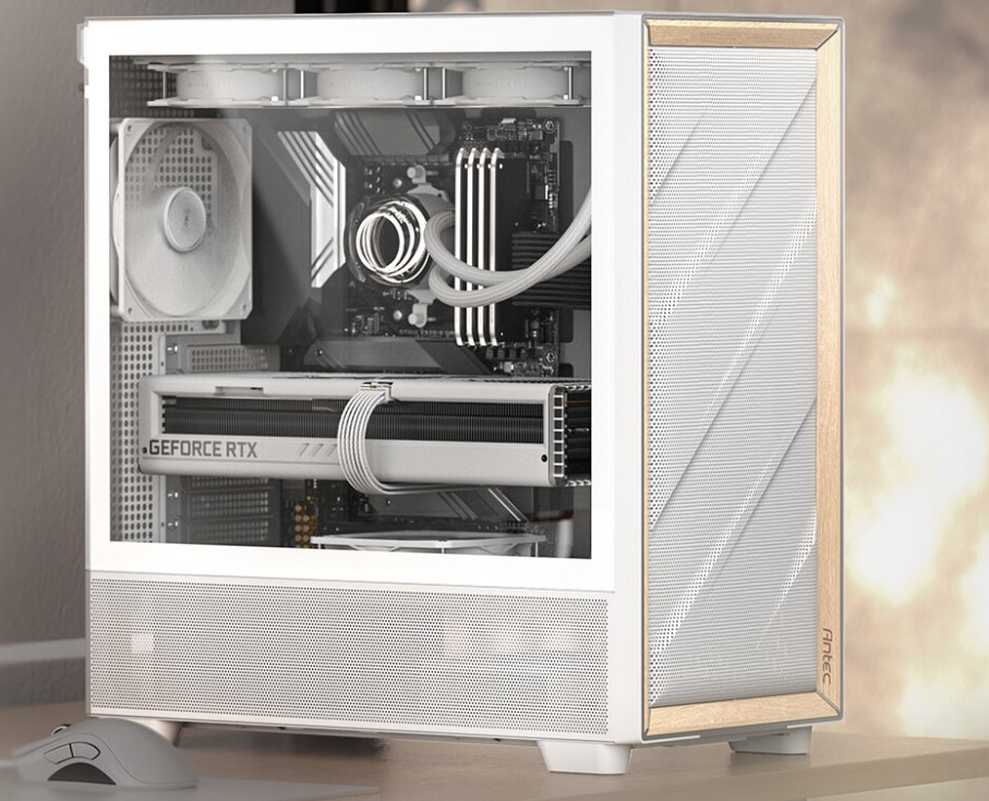 [761345101349] 761345101349 Antec Flux ATX, White Premium Birch Trim, 5x white PWM Performance Fans. Ultra Cooling Design, PWM ARGB Controller w/ MB Sync, Mid Tower Case