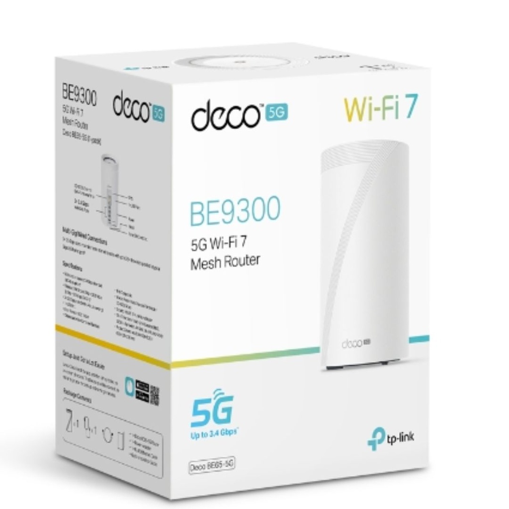 [4895252505160] TP-Link Deco BE65-5G(1-pack) 5G BE9300 Tri-Band Whole Home Mesh Wi-Fi 7 Gateway (WIFI7)  574 Mbps at 2.4 GHz + 2880 Mbps at 5 GHz + 5760 Mbps at 6 GHz