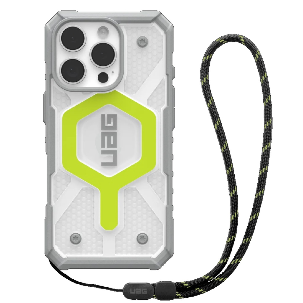 [840283915406] 840283915406 UAG Pathfinder Clear MagSafe Apple iPhone 16 Pro Max (6.9") Rugged Case + Black Neon Lanyard - Active Neon (1144651BV01), 10 Years Warranty
