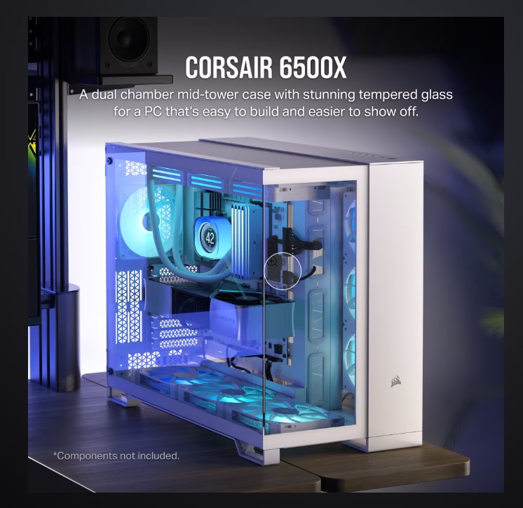 [840006664703] Corsair 6500X Tempered Glass ATX Mid-Tower, Dual Chamber, Cable Management, White Case