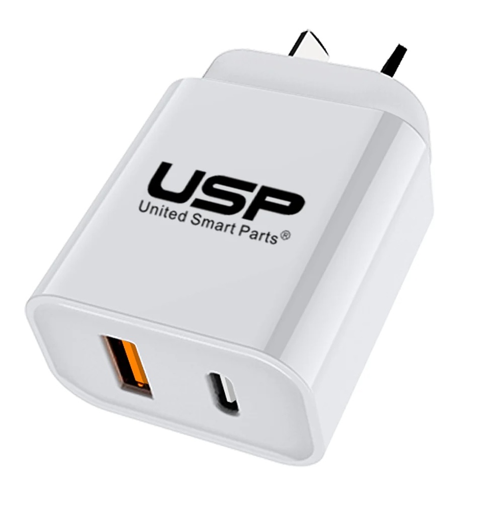 [6976552041751] 6976552041751 USP 20W Dual Port (20W USB-C PD + 18W USB-A QC3.0) Fast Wall Charger White - Safe Charge,Charge 2 Devices Simultaneously,Short-Circuit Protection
