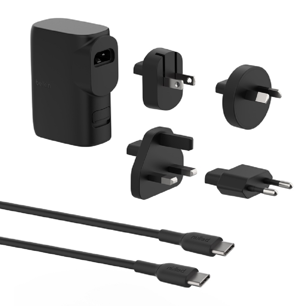 [745883864973] 745883864973 Belkin BoostCharge Hybrid Dual Port Wall Charger 25W + Power Bank 5K + Travel Adapter Kit - Black (BPZ003bt1MBK-B6),1x USB-C and 1x USB-A,Travel Ready