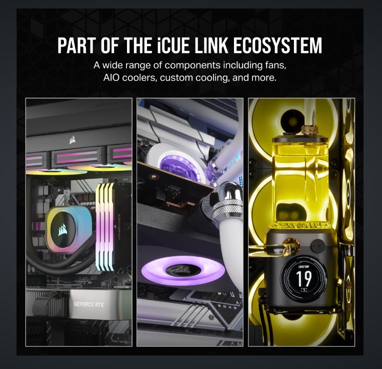 [840006680840] 840006680840 Corsair RX120 iCUE LINK RX120 120mm PWM Fan Triple Starter Kit. Black Fan - Glass fiber-reinforced LCP fan blades