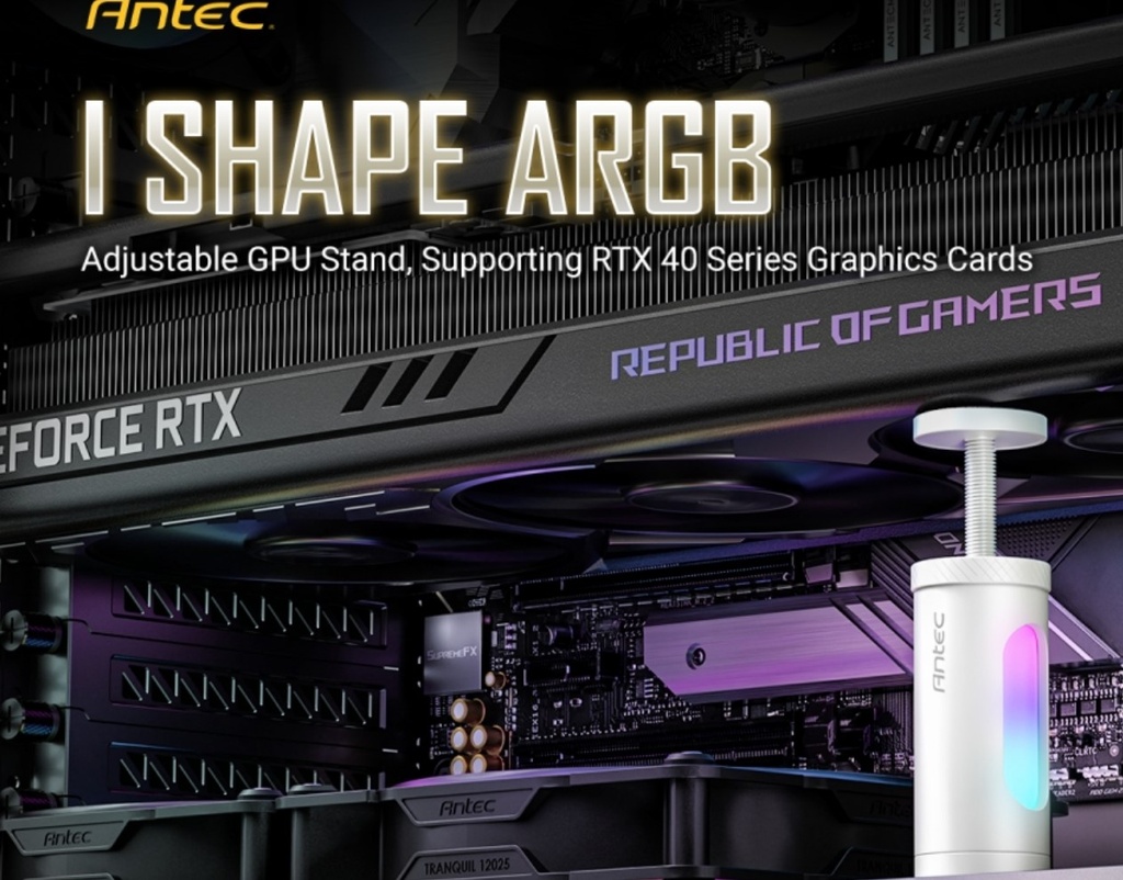[761345778060] 761345778060 Antec I Shape ARGB White GPU Bracket, L100,  Solid Construction for large GPU - 3-Pin Daisy Cable - Stable Ruibber Pad top. Magnetic Non-Slip Base.