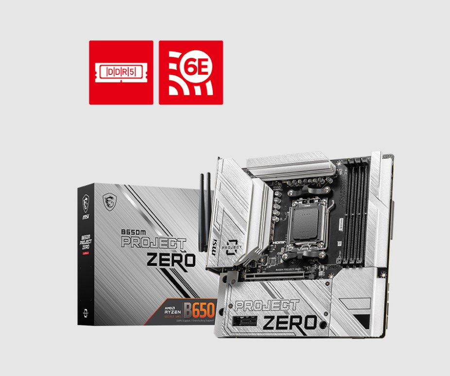 [4711377126649] 4711377126649 MSI B650M PROJECT ZERO Motherboard, AMD B650, 4x DDR5 128GB, 1x HDMI, 2x M.2, USB 3.2 Type A  x9