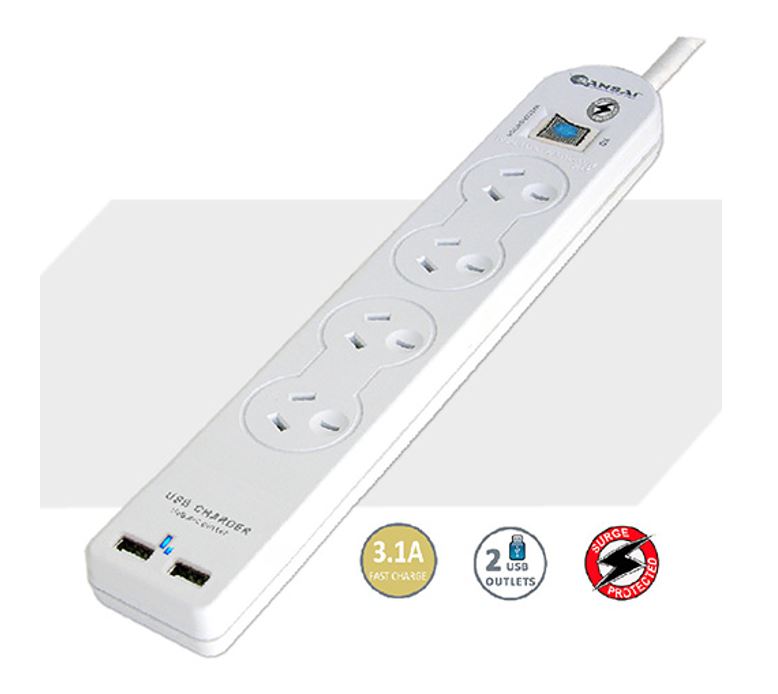 [9324747013569] 9324747013569 Sansai 4 Way Basic Powerboard USB Ax2 4 Outlets Master Switch Surge and overload protection1M Length