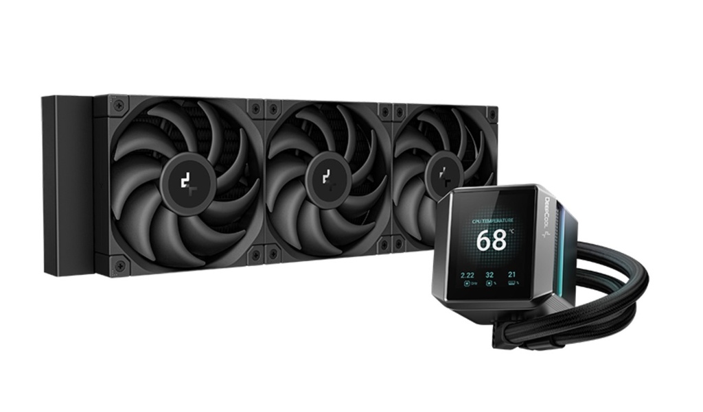 [6933412728764] 6933412728764 DeepCool MYSTIQUE 360 LCD Liquid Cooler 360mm 5th Gen Pump 3400RPM AIO 2.8" 640x480 TFT LCD Screen Anti-Leak Tech FT12 SE PWM Fans, Grey and Black