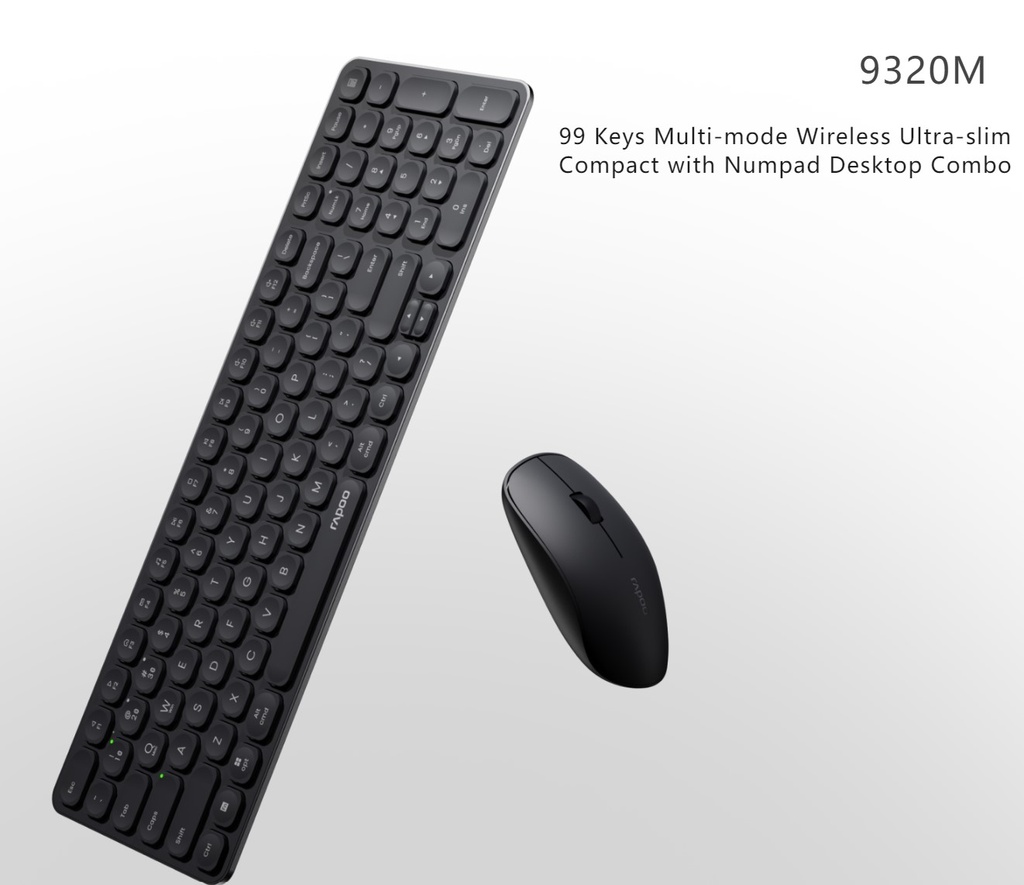 [6940056128379] 6940056128379 RAPOO 9320M Bluetooth 4.0, 5.0 + 2.4G  Wireless Multi-mode Keyboard Mouse Combo, Aluminum Base, 2400 DPI, 10M Range, Compact Black Retail Pack