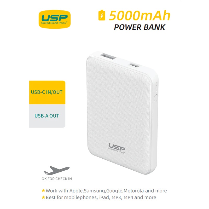 [6972890208061] 6972890208061 USP Mini 5K mAh Power Bank (18.5W) with Dual Ports (USB-C + USB-A) White - LED Power Indicator, Fast  Safe,Intelligent Charging,Meet Airport Aviation