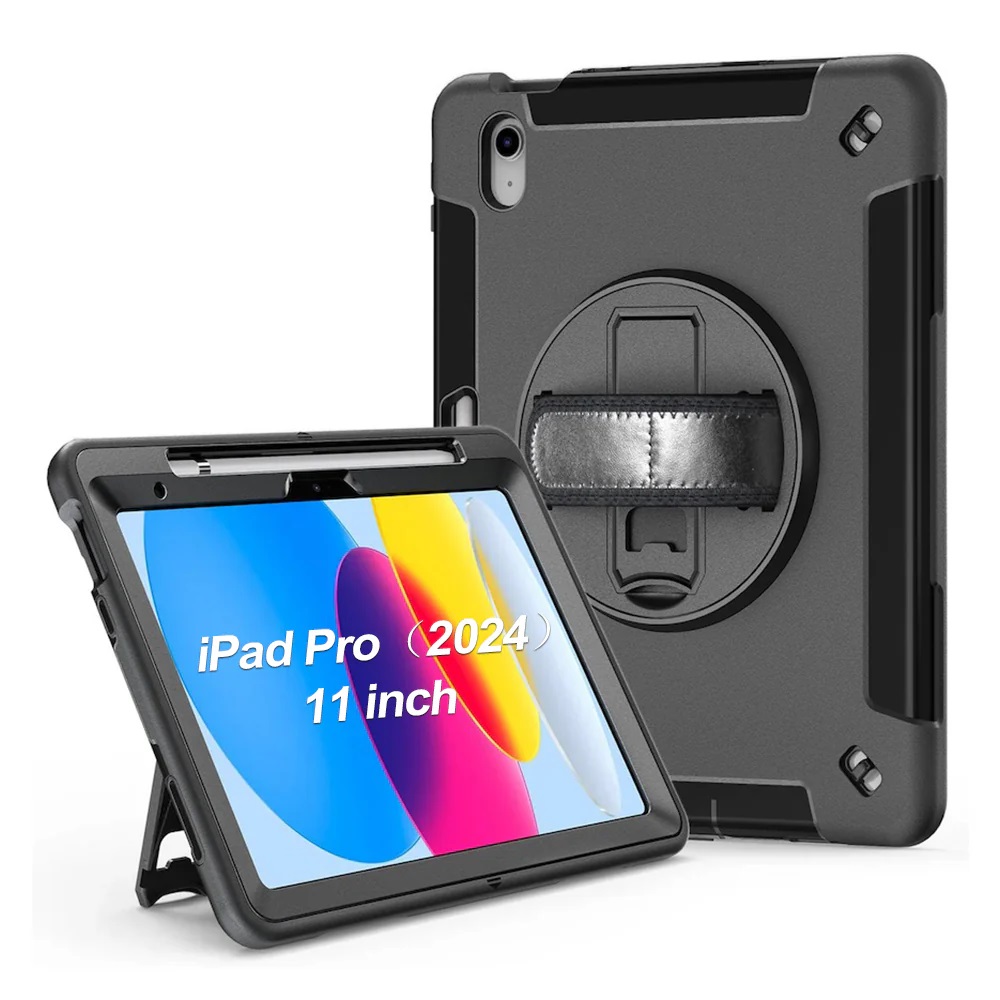 [6976552043045] 6976552043045 Generic Rugged Apple iPad Pro M4 (11") (5th Gen) Case Black - Built-in-Kickstand, Adjustable Hand Strap, Pen Holder, DropProof