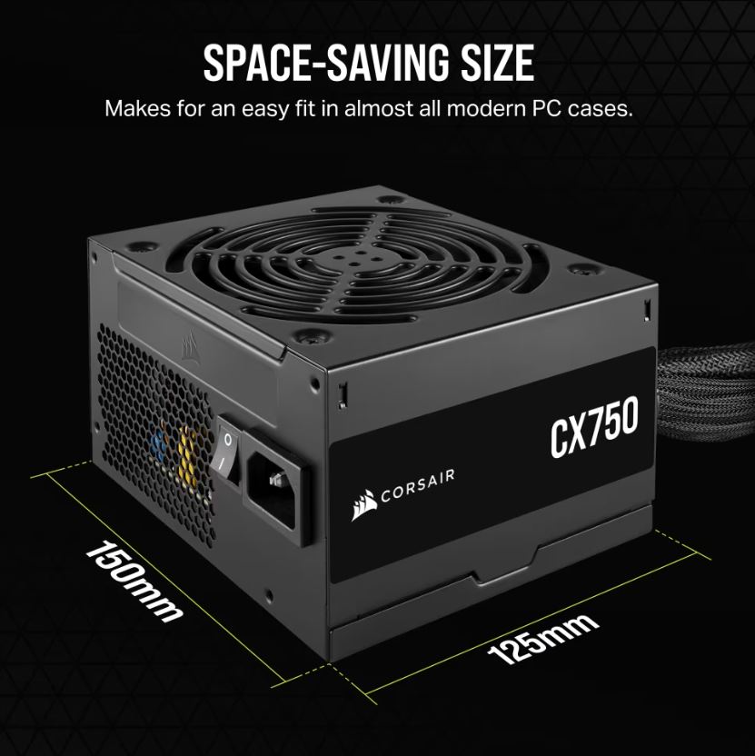 [840006670988] Corsair CX750 750W, 80 PLUS Bronze Certified, Up to 88% Efficiency,  Compact 125mm design easy fit and airflow, ATX PSU 2024