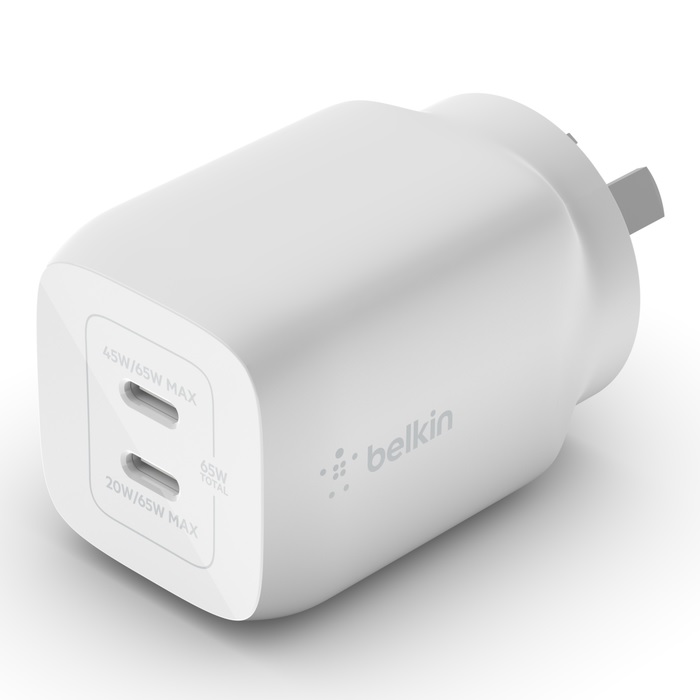 [745883840595] 745883840595 Belkin BoostCharge Pro Dual USB-C GaN Wall/Laptop Charger with PPS 65W - White(WCH013auWH),1*USB-C(45-65W),1*USB-C(20-65W),Compact,Fast  Travel Ready