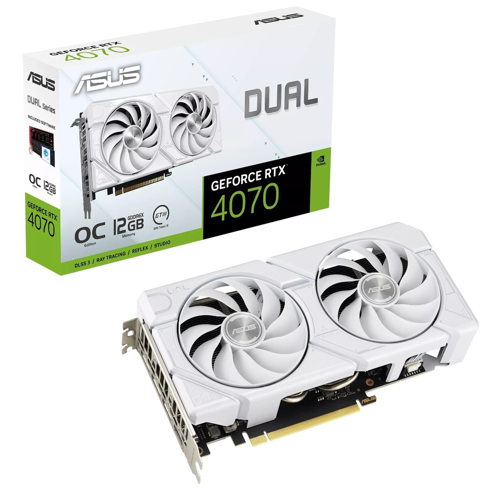 [4711387663417] ASUS nVidia GeForce DUAL-RTX4070-O12G-EVO-WHITE RTX4070 EVO White OC Edition 12GB GDDR6X, 2520 MHz Boost Clock, RAM 21Gbps, 3xDP, 1xHDMI